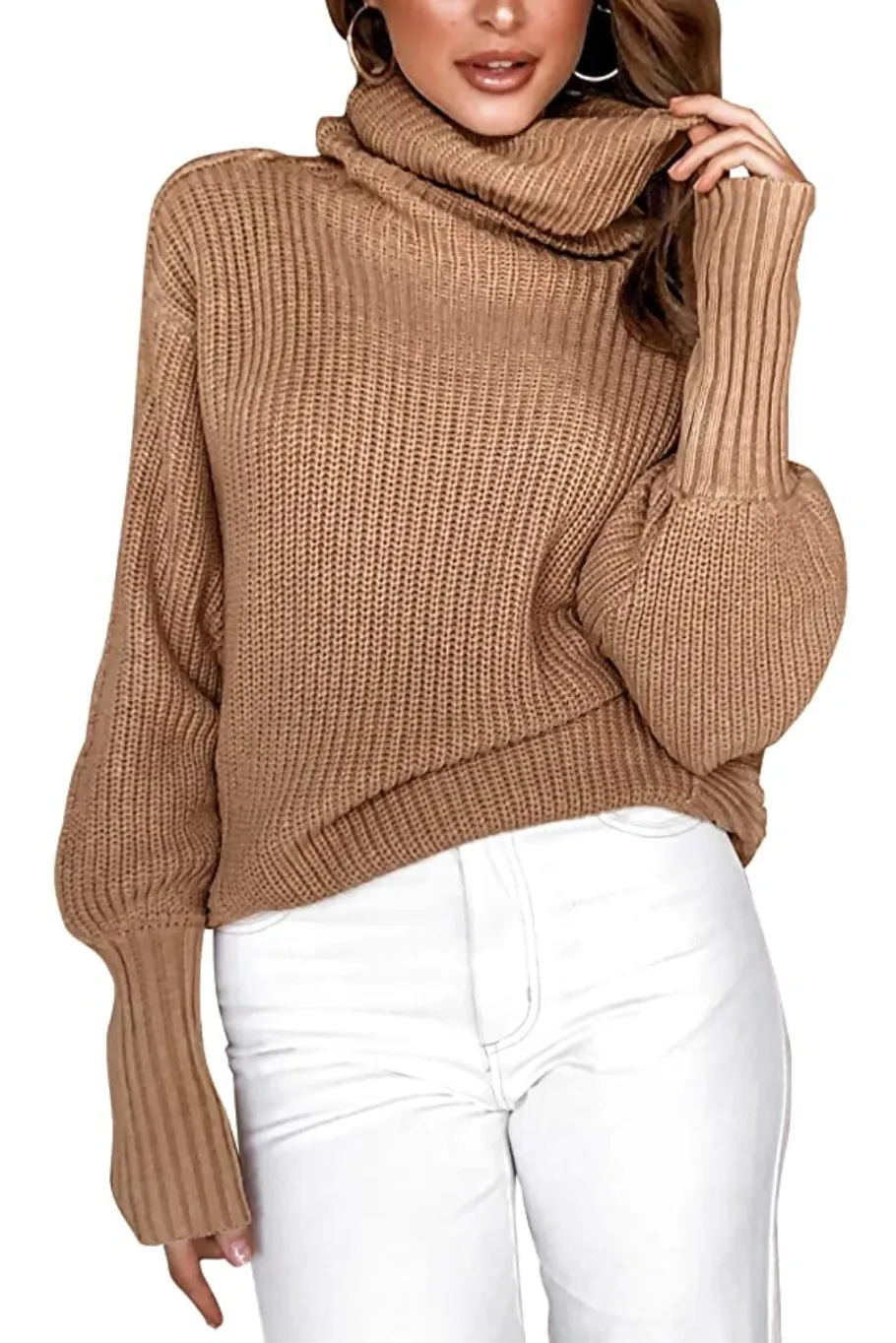 MEROKEETY Women's Turtleneck Knit Oversized Batwing Sleeve Ribbed Sweater