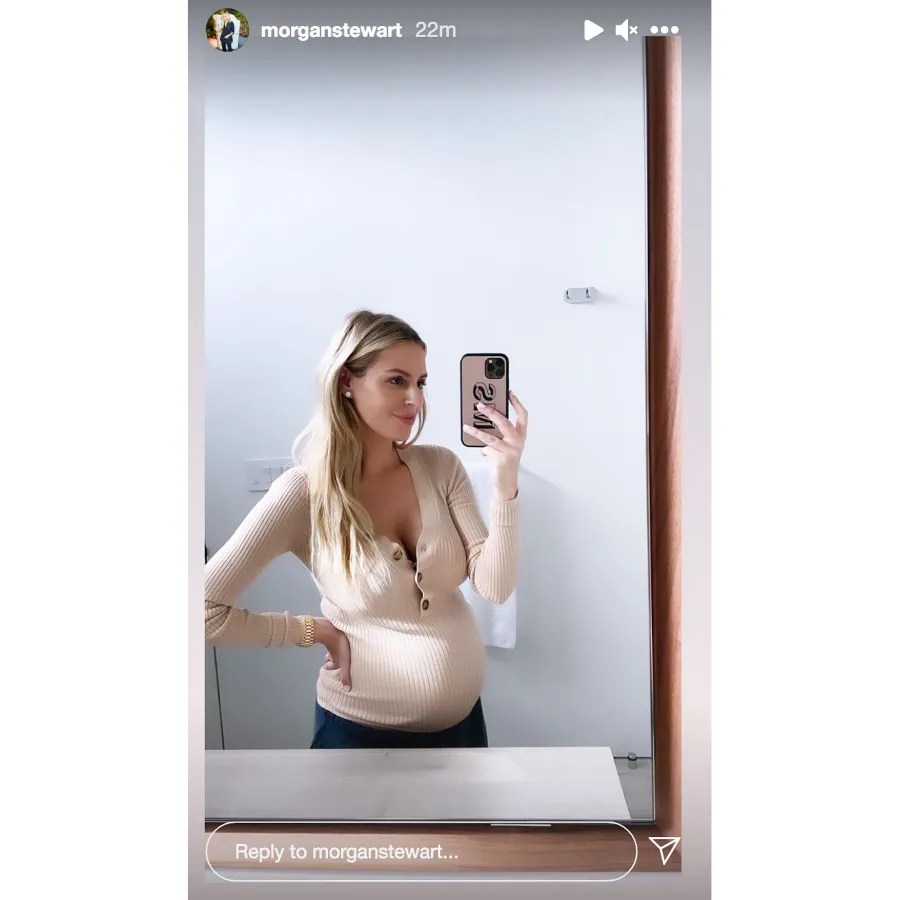 Pregnant Morgan Stewart Baby Bump Mirror Selfie Tan Shirt