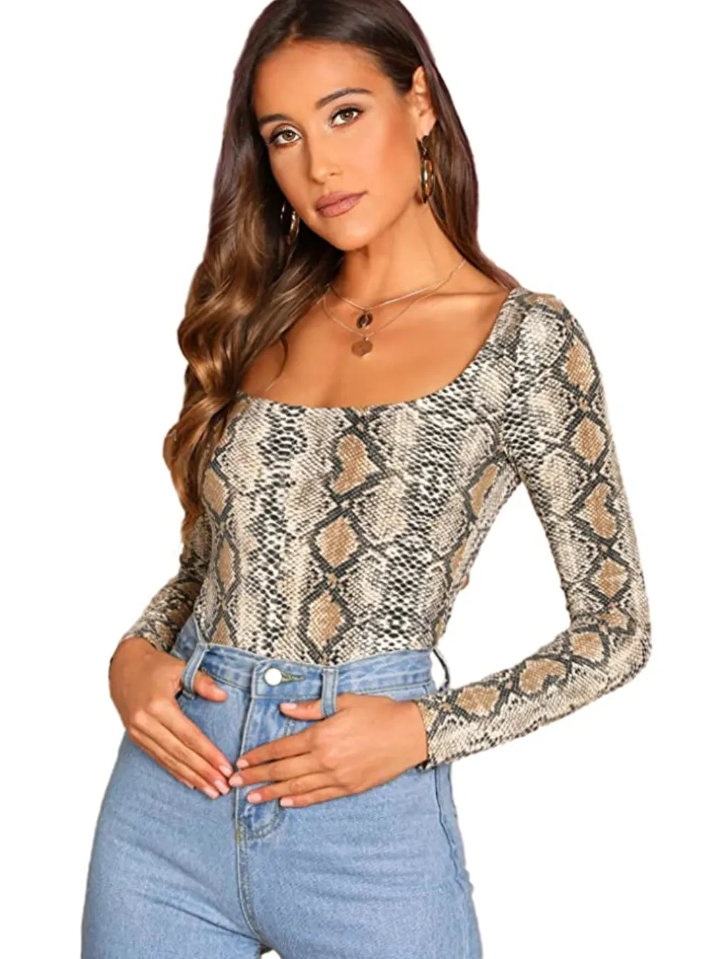 SheIn Women's Square Neck Long Sleeve Casual Animal Print Tee T-Shirt