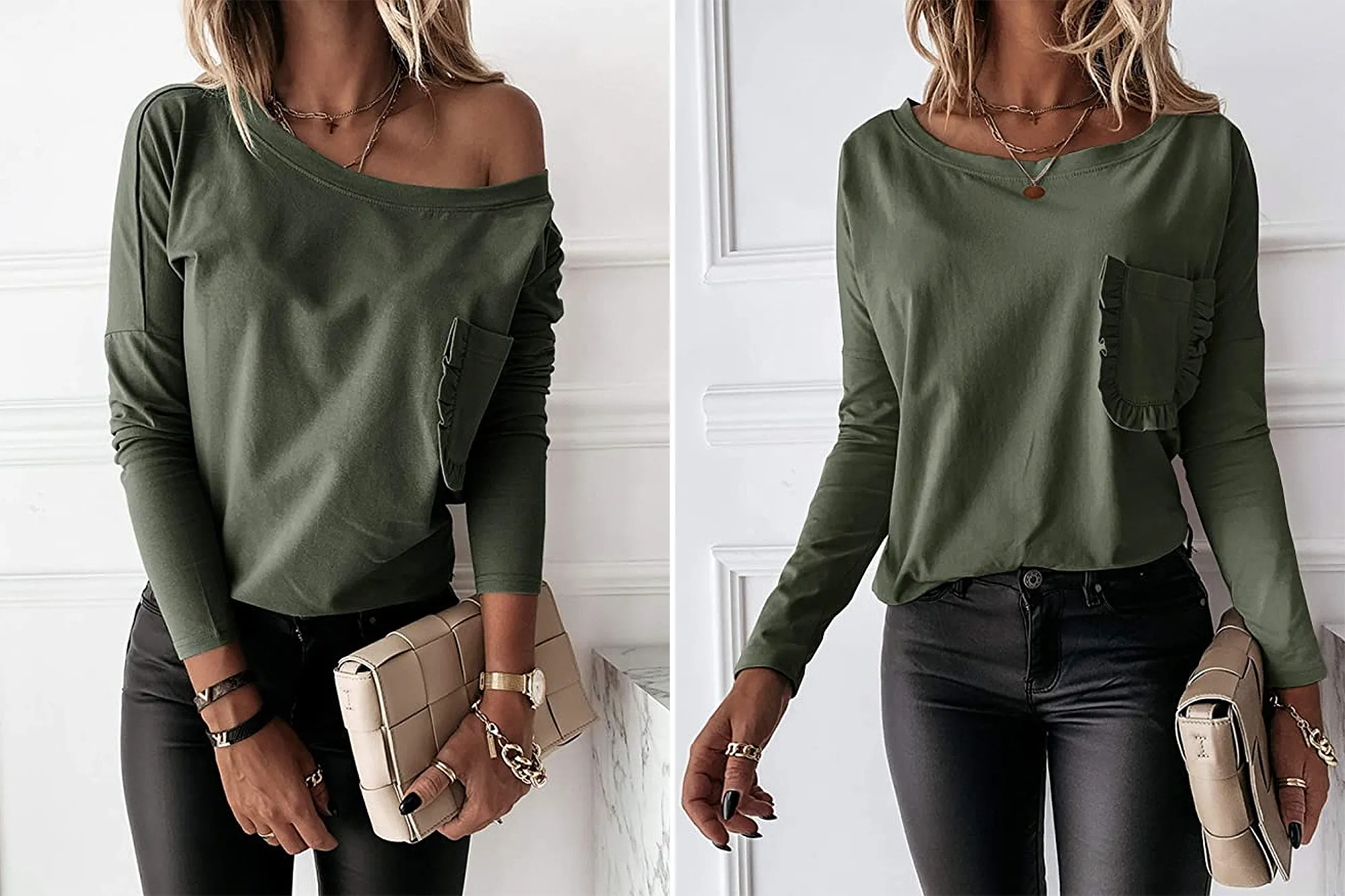 Vermisse Women's Boat Neck Ruffle Trim Front Pocket Shirt