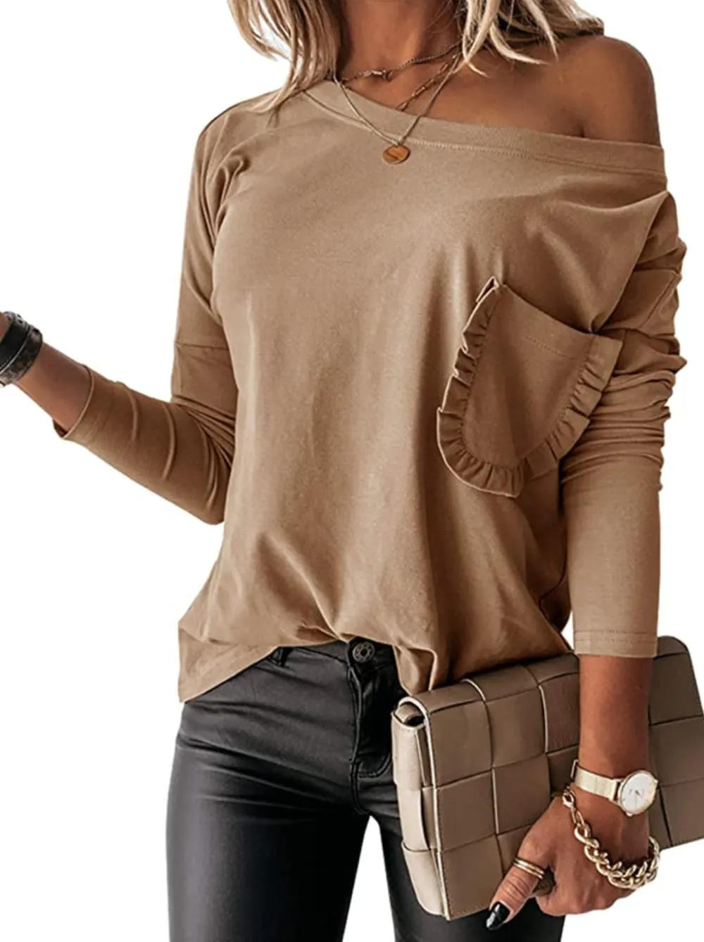 Vermisse Women's Boat Neck Ruffle Trim Front Pocket Shirt