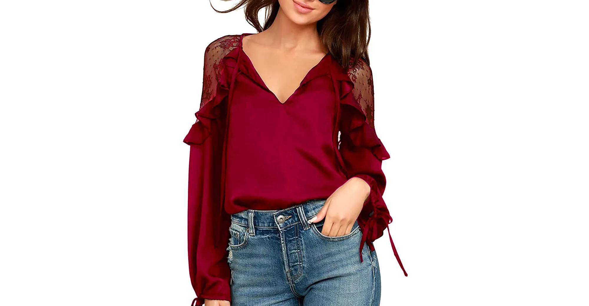 Blooming Jelly Lace Tie V Neck Blouse