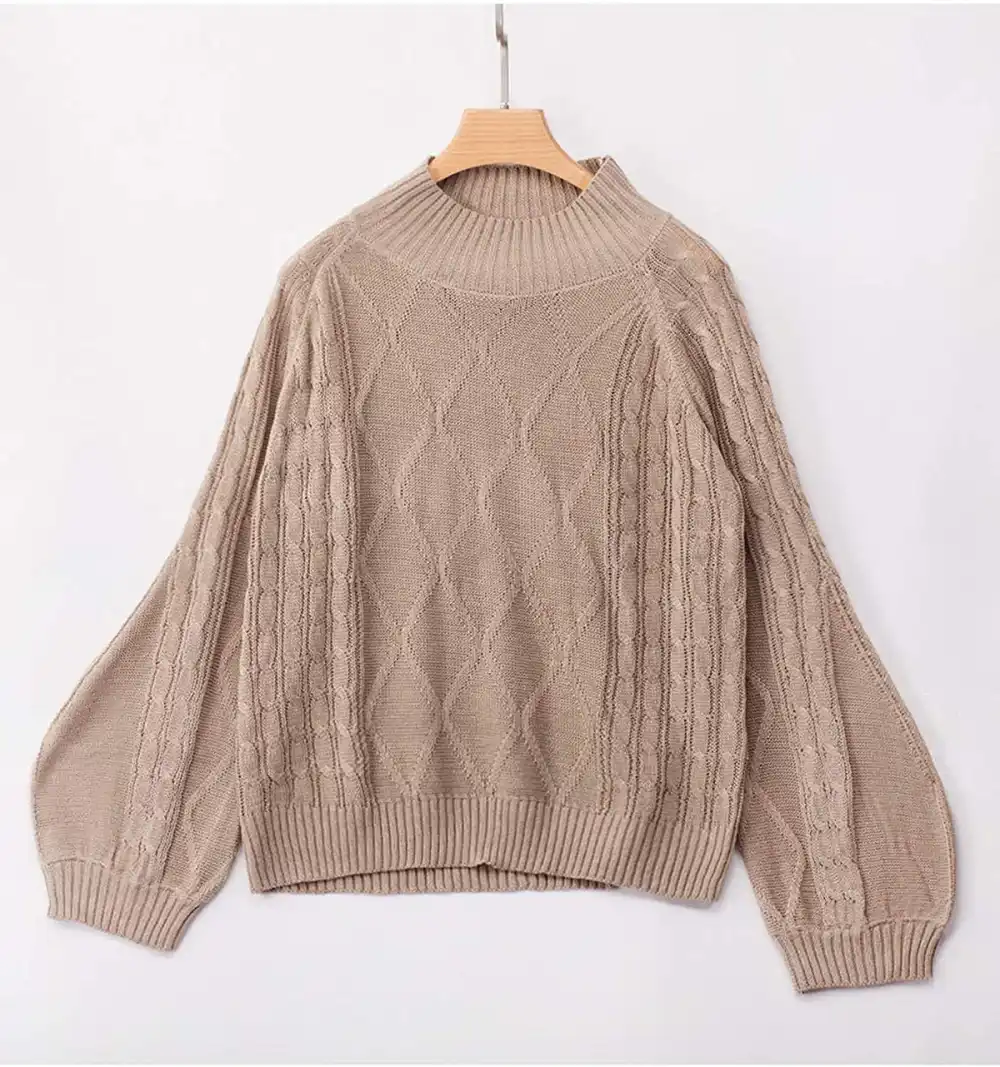 Choies Mock Turtleneck Lantern-Sleeve Cable-Knit Pullover Sweater