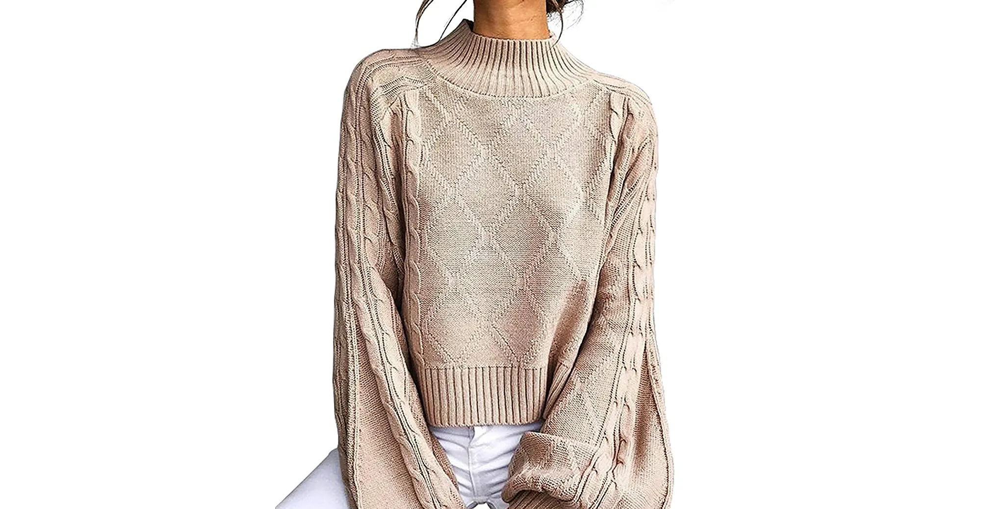 Choies Mock Turtleneck Lantern-Sleeve Cable-Knit Pullover Sweater