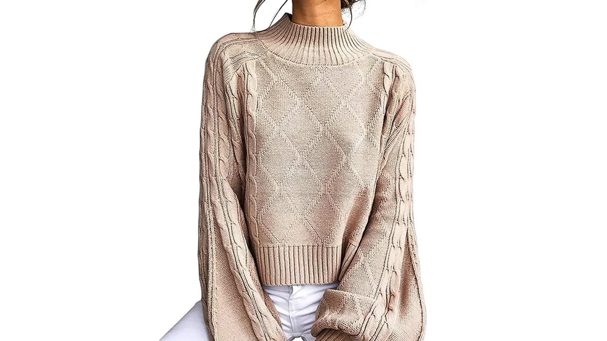 Choies Mock Turtleneck Lantern-Sleeve Cable-Knit Pullover Sweater