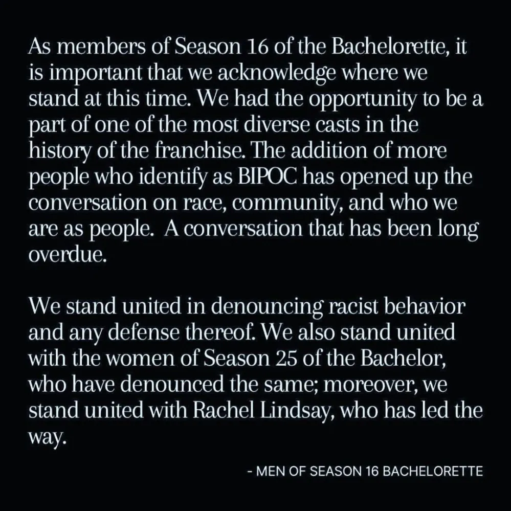 Bachelorette Season 16 Cast Releases Joint Statement Amid Racism Scandal