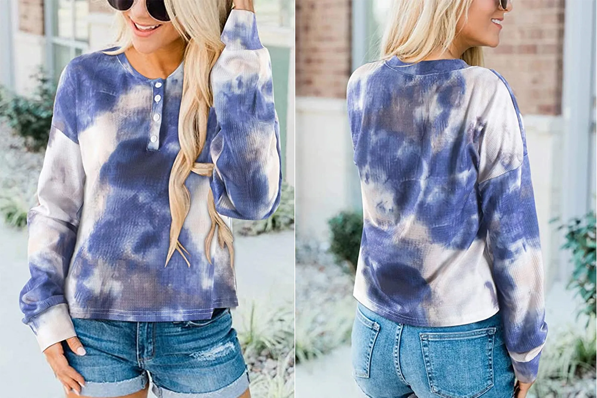 Berryou Women's Long Sleeve Button Waffle Tie Dye Tops