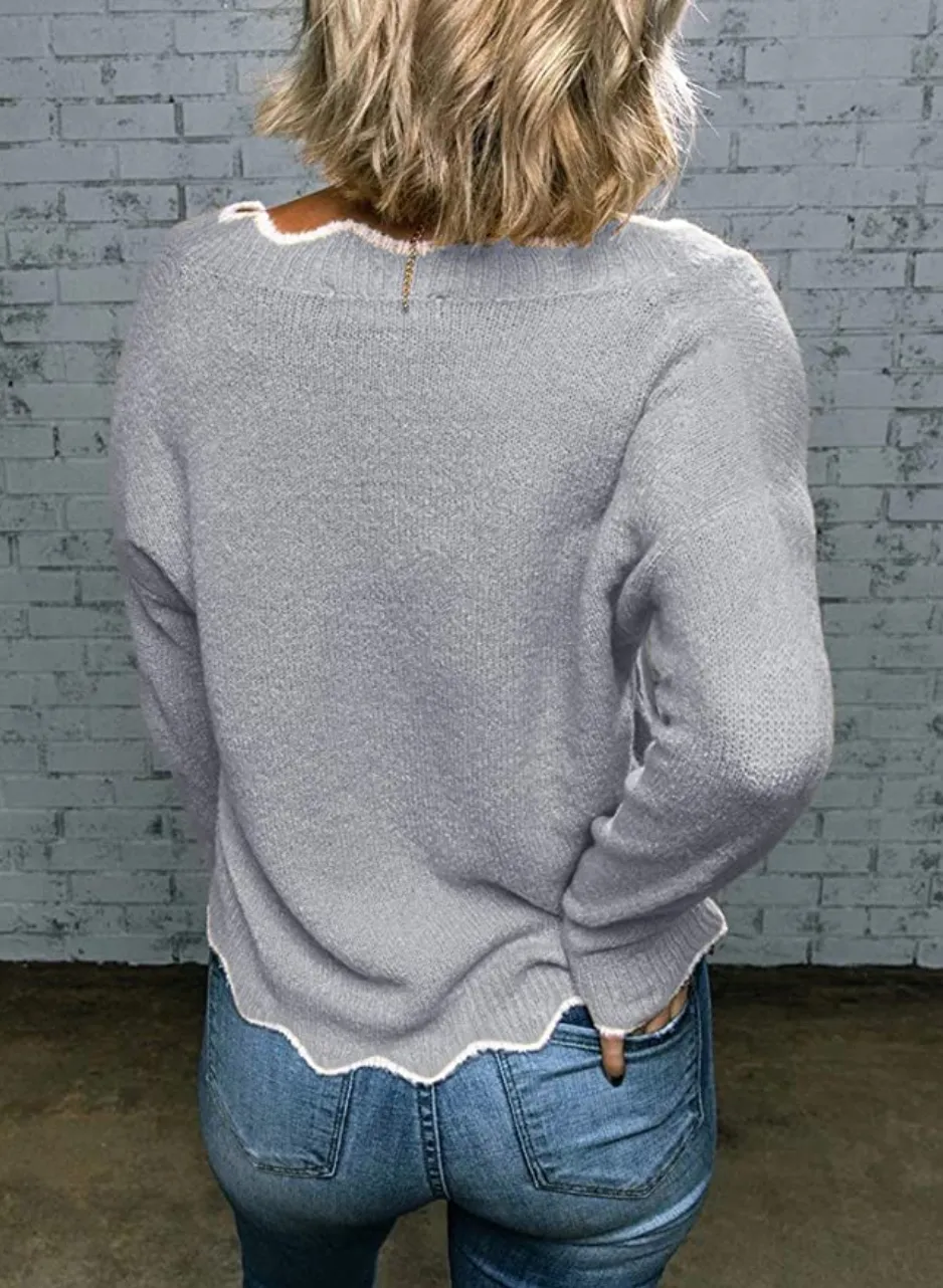 Biucly Women's Casual Wavy V Neck Long Sleeve Sweater