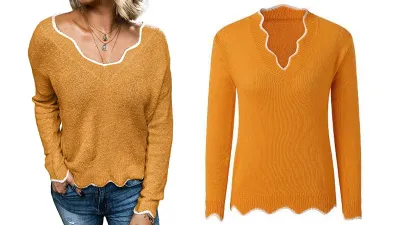 Biucly Women's Casual Wavy V Neck Long Sleeve Sweater