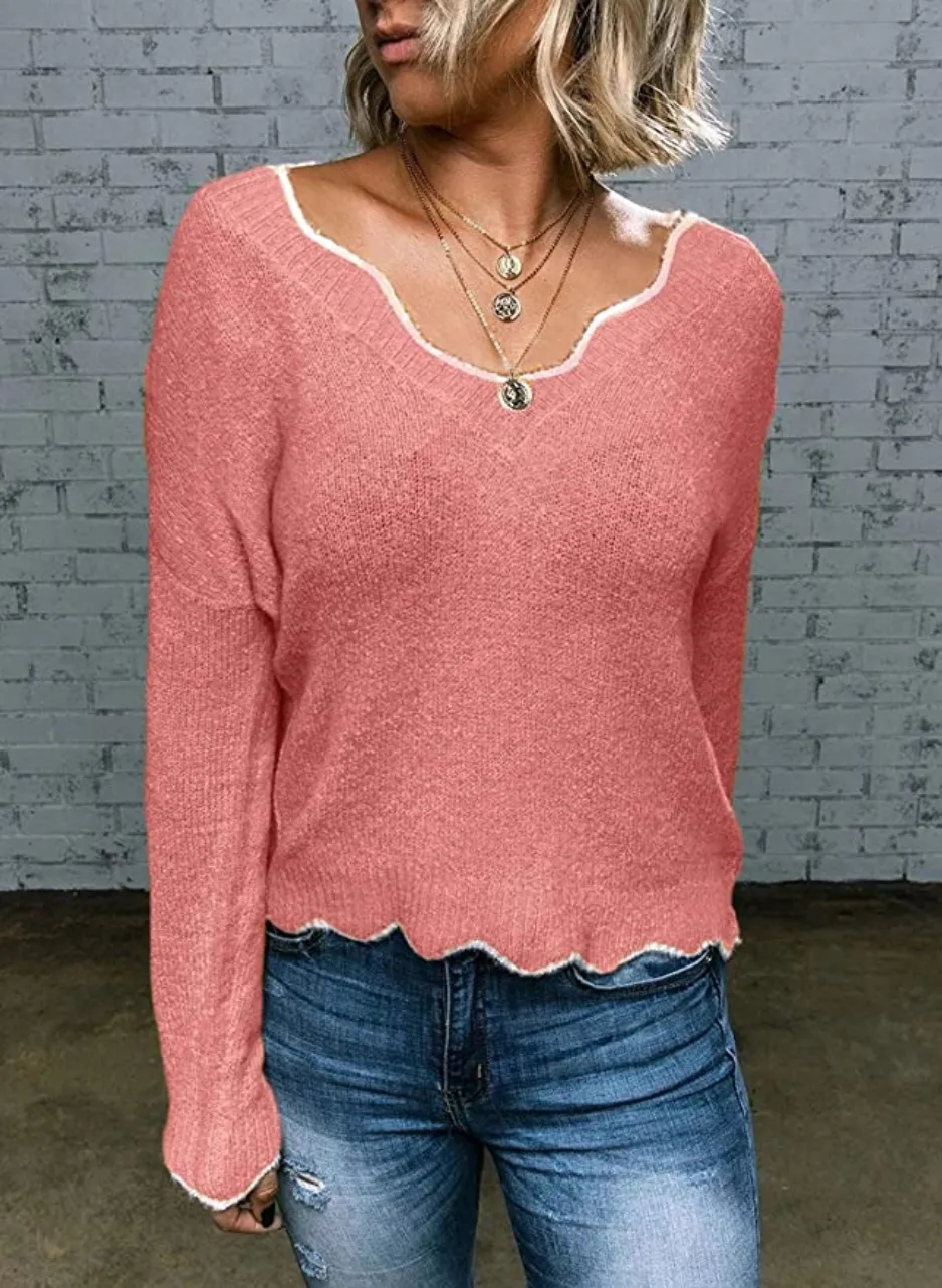 Biucly Women's Casual Wavy V Neck Long Sleeve Sweater