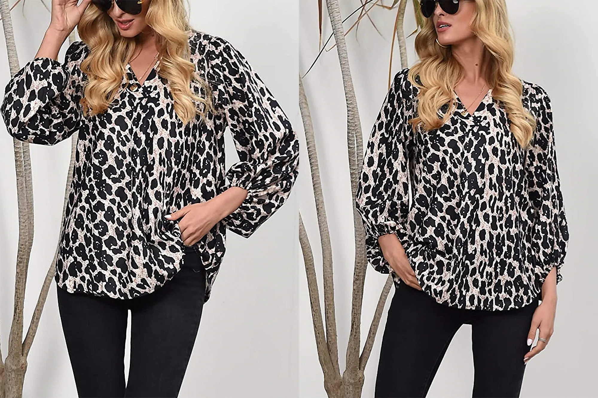 Forucreate Women's Long Sleeve V Neck Lantern Sleeve Blouses