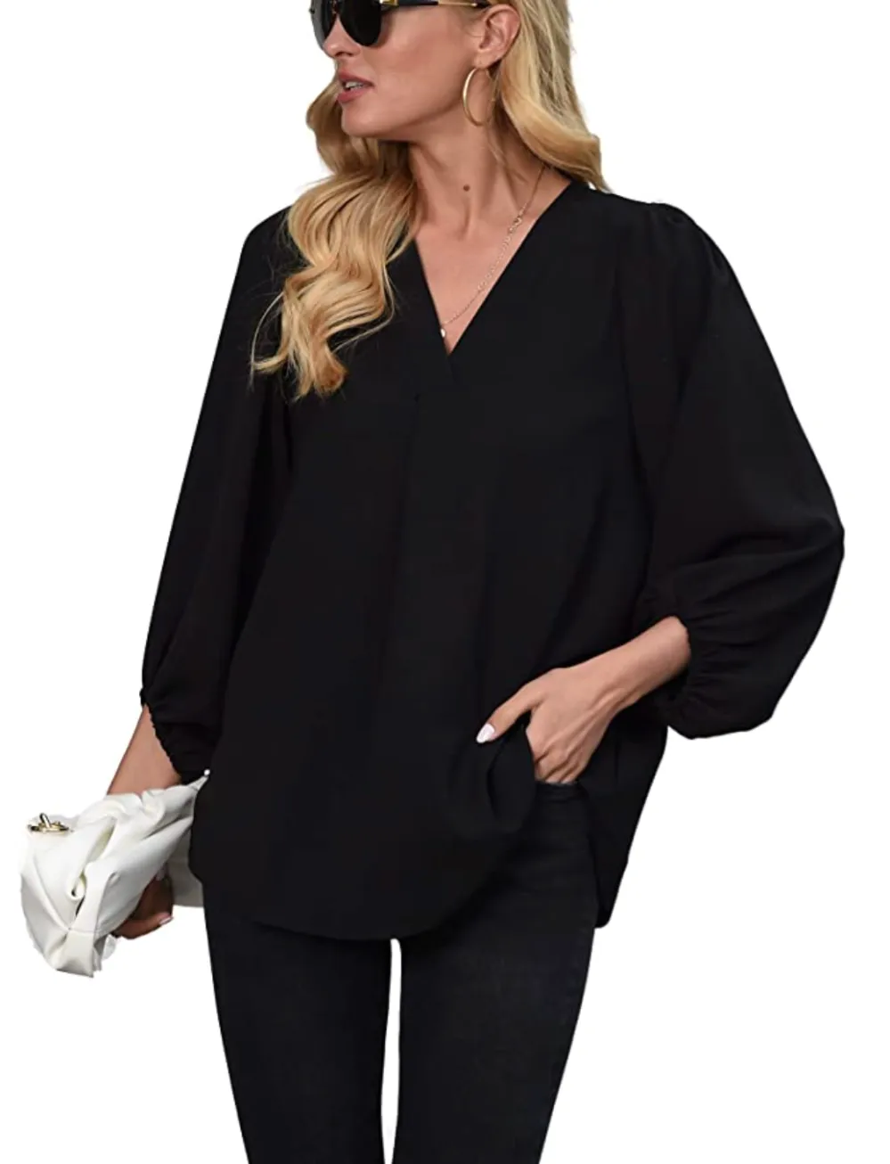 Forucreate Women's Long Sleeve V Neck Lantern Sleeve Blouses