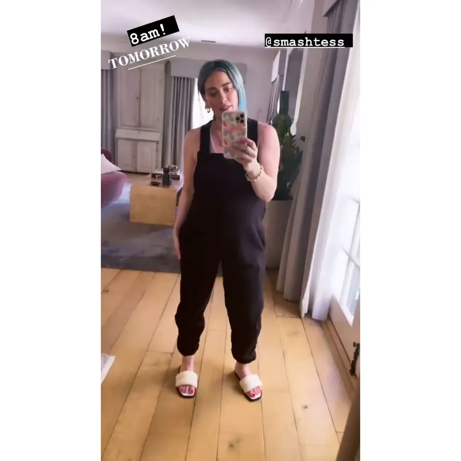 Hilary Duff Pregnant Black Jumpsuit and Slippers