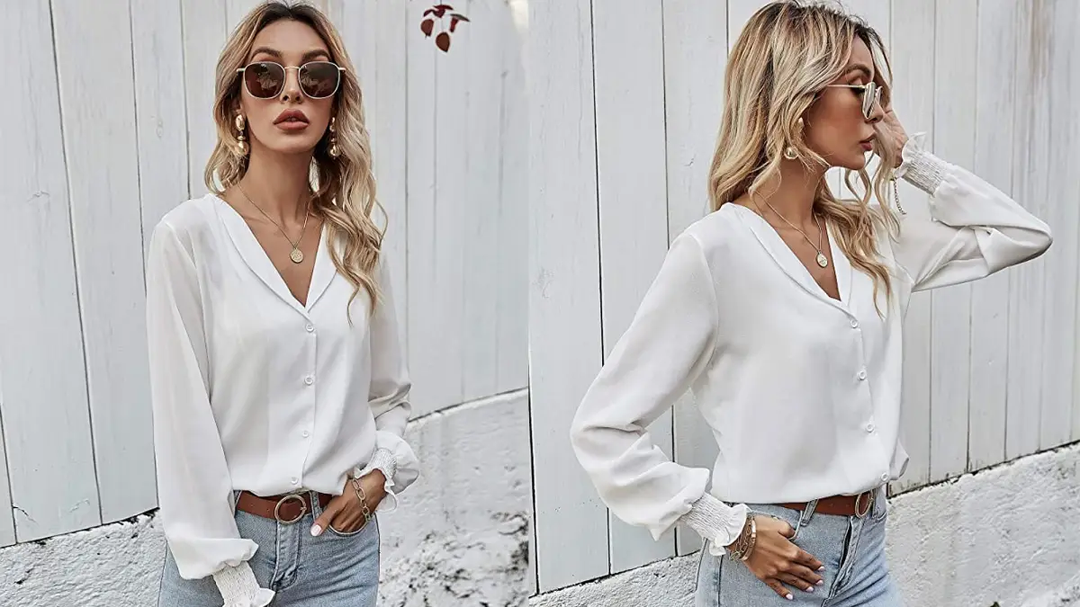 LOMON Women's Casual V Neck Long Sleeve Button Down Blouse