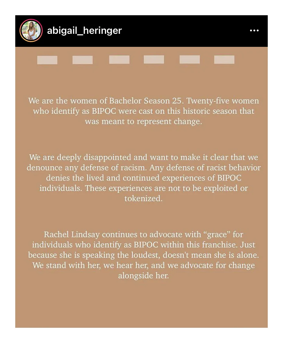 Matt James Bachelor Contestants Stand With Rachel Lindsay After Chris Harrison Controversial Interview Abigail Heringer