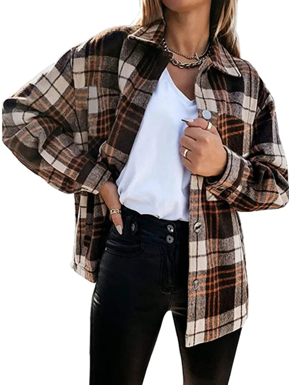 Meceku Women's Flannel Plaid Casual Button-Down Shirts with Pockets