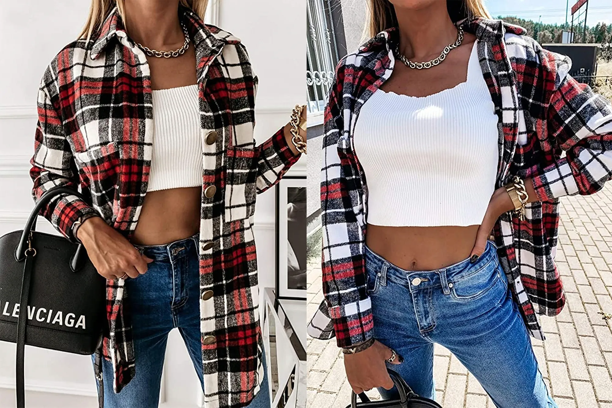 Meceku Women's Flannel Plaid Casual Button-Down Shirts with Pockets