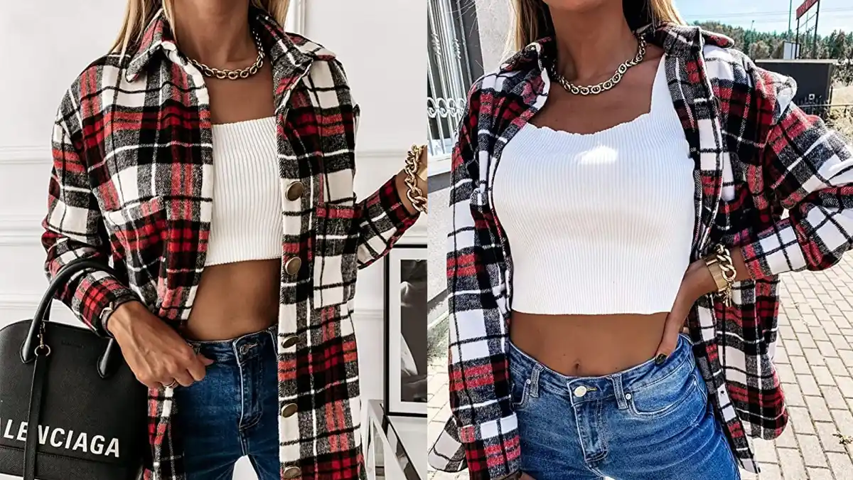 Meceku Women's Flannel Plaid Casual Button-Down Shirts with Pockets