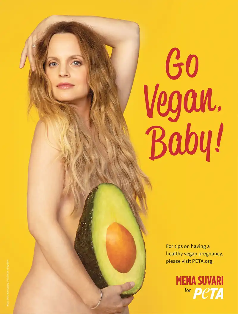 Mena Suvari posing with an avocado in a February 2021 PETA ad