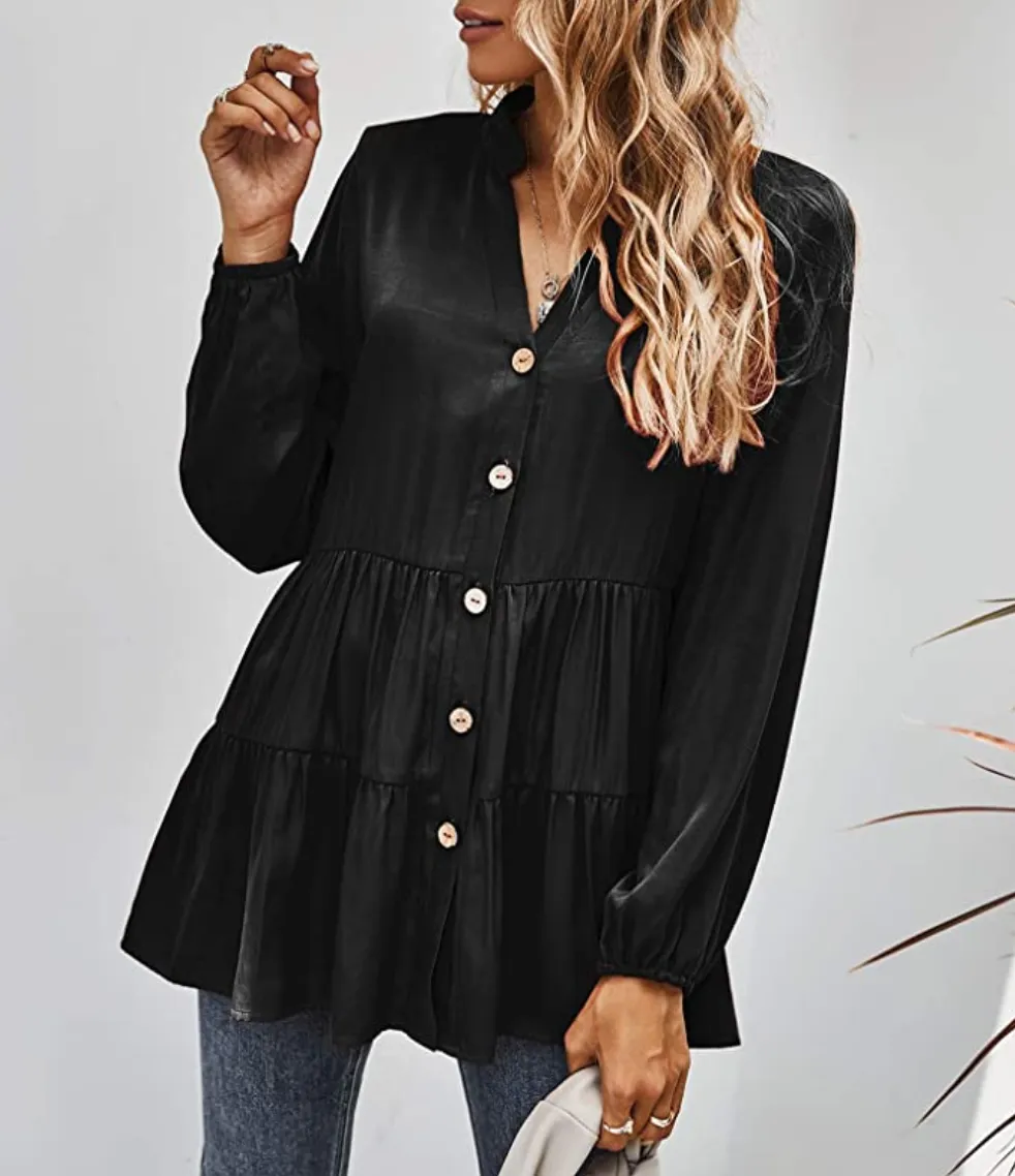 MissyLife Women's Loose Fit V Neck Babydoll Button Down Ruffle Hem Tunic Top