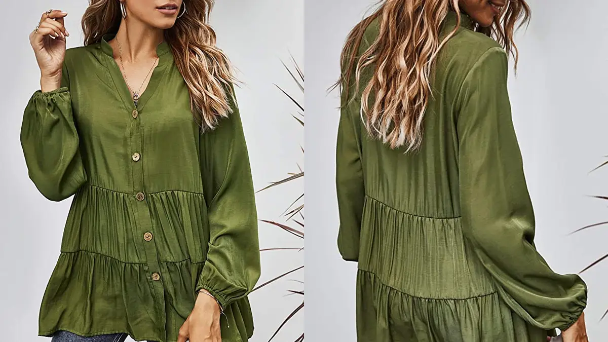 MissyLife Women's Loose Fit V Neck Babydoll Button Down Ruffle Hem Tunic Top