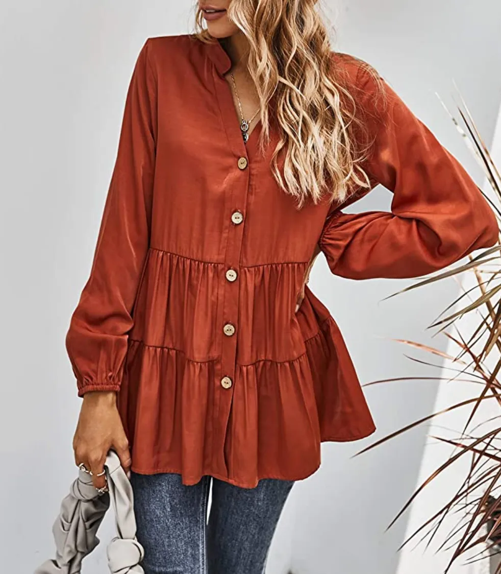 MissyLife Women's Loose Fit V Neck Babydoll Button Down Ruffle Hem Tunic Top