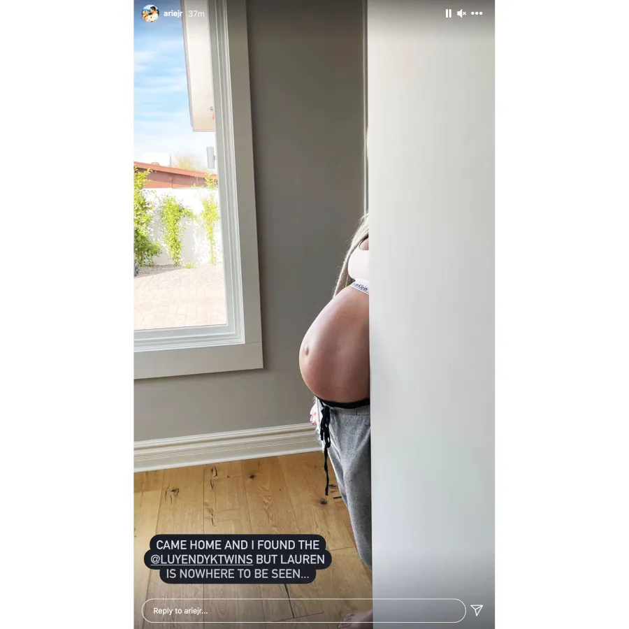 Pregnant Lauren Burnham Bump peeking out from doorways