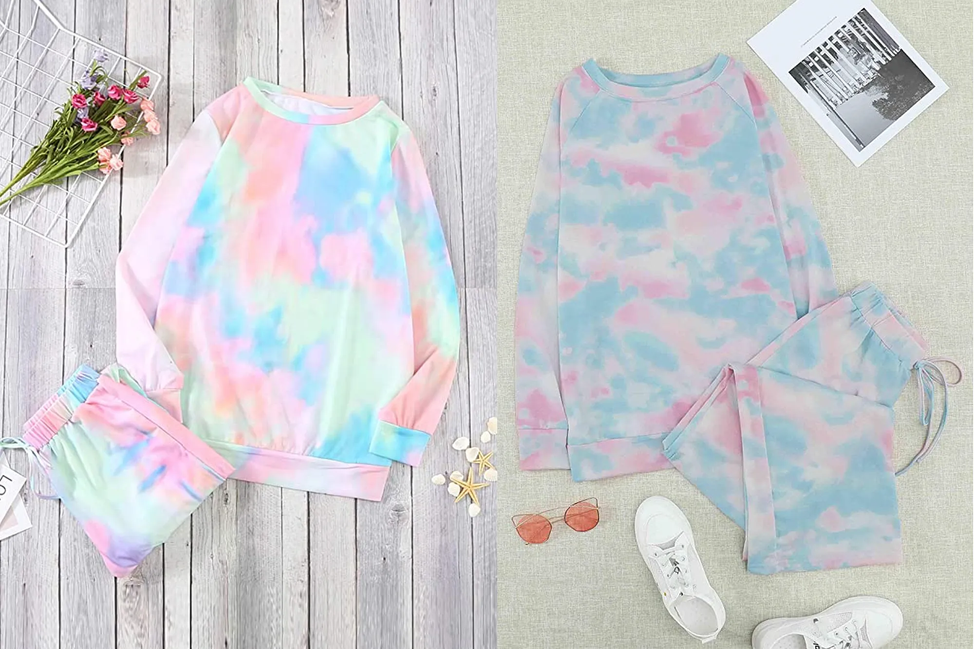 ROSKIKI Women's 2 Pieces Tie Dye Pajamas Set Long Sleeve Pullover with Long Pants Sweatsuit