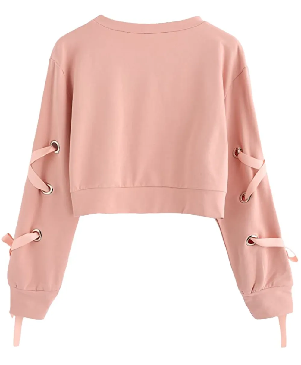 SweatyRocks Women's Casual Lace Up Long Sleeve Pullover Crop Top Sweatshirt