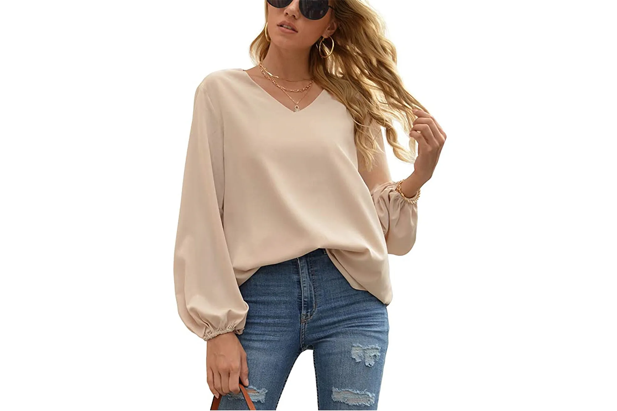 WANGZHI Women's Casual Sweet & Cute Loose Shirt Balloon Sleeve V-Neck Blouse Top