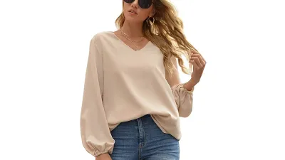 WANGZHI Women's Casual Sweet & Cute Loose Shirt Balloon Sleeve V-Neck Blouse Top
