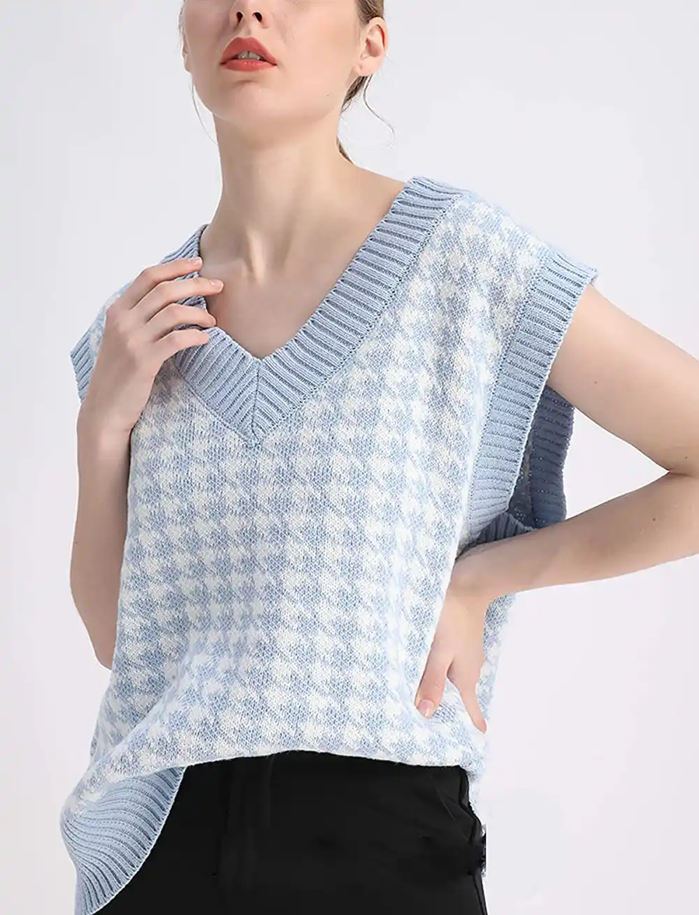 SAFRISIOR Oversized Houndstooth Knitted Sweater Vest