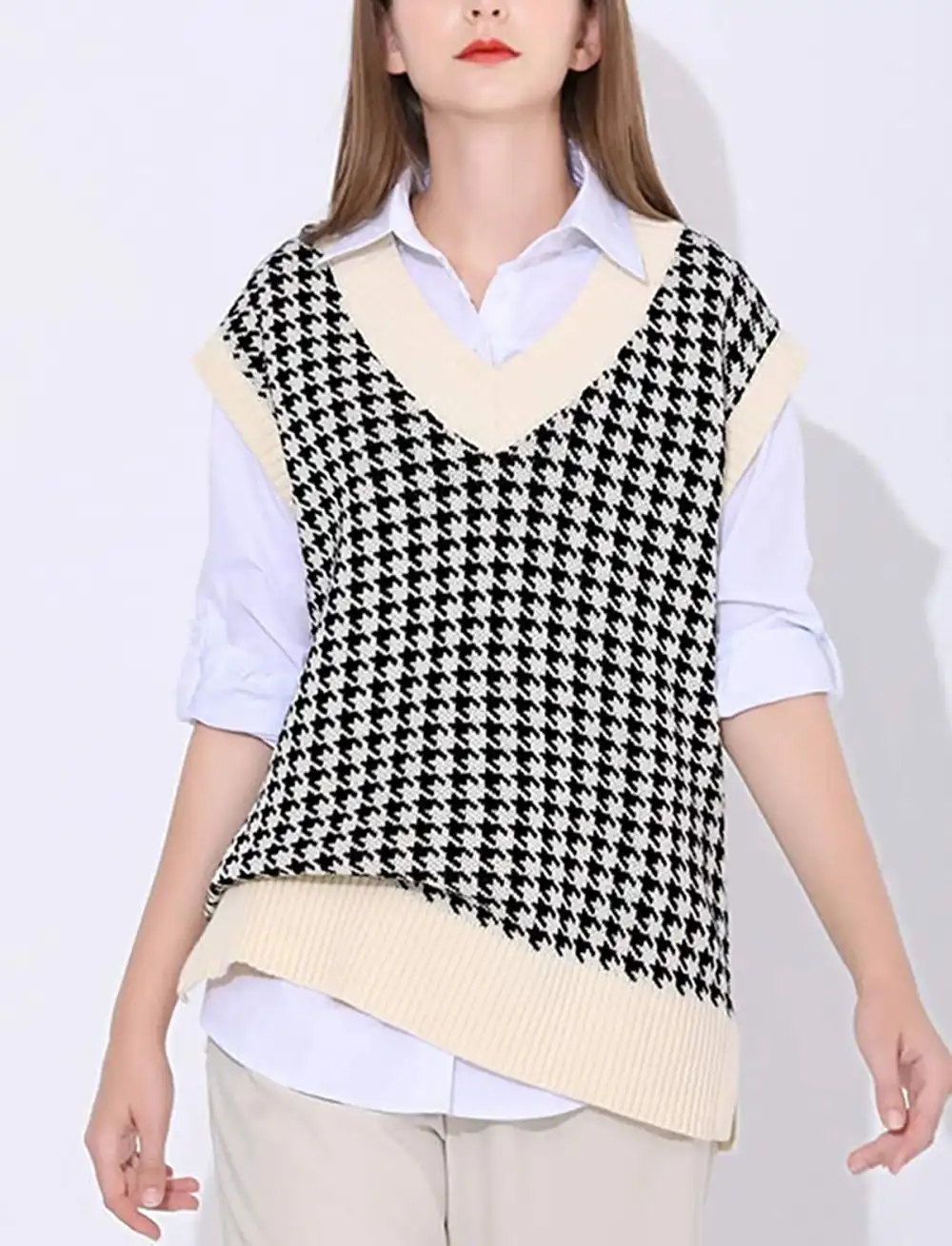 SAFRISIOR Oversized Houndstooth Knitted Sweater Vest