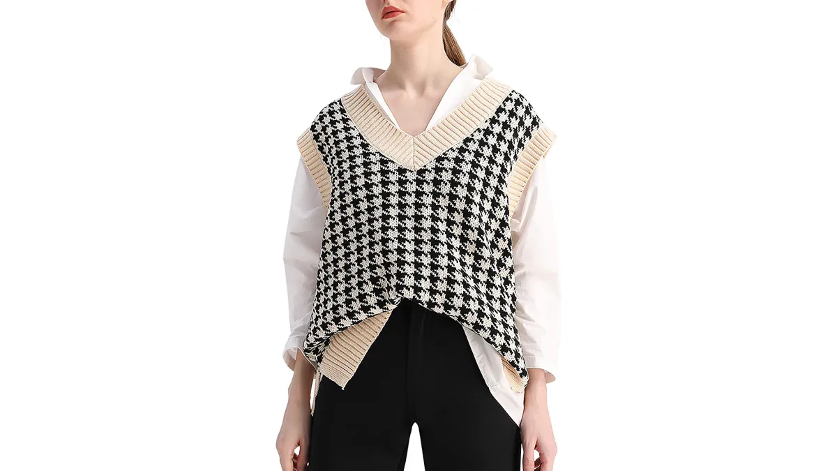 SAFRISIOR Oversized Houndstooth Knitted Sweater Vest