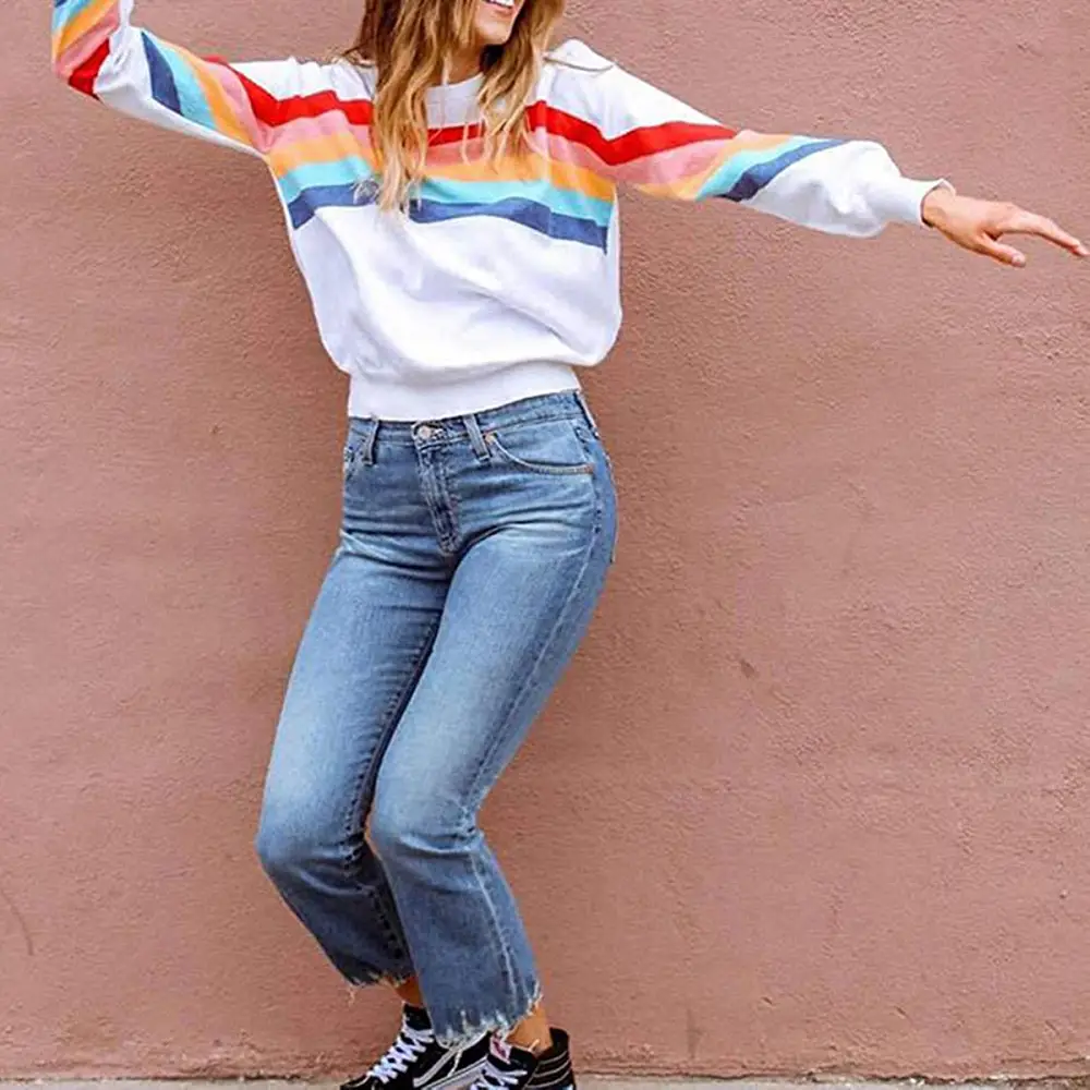 HDLTE Rainbow Striped Color-Block Sweatshirt