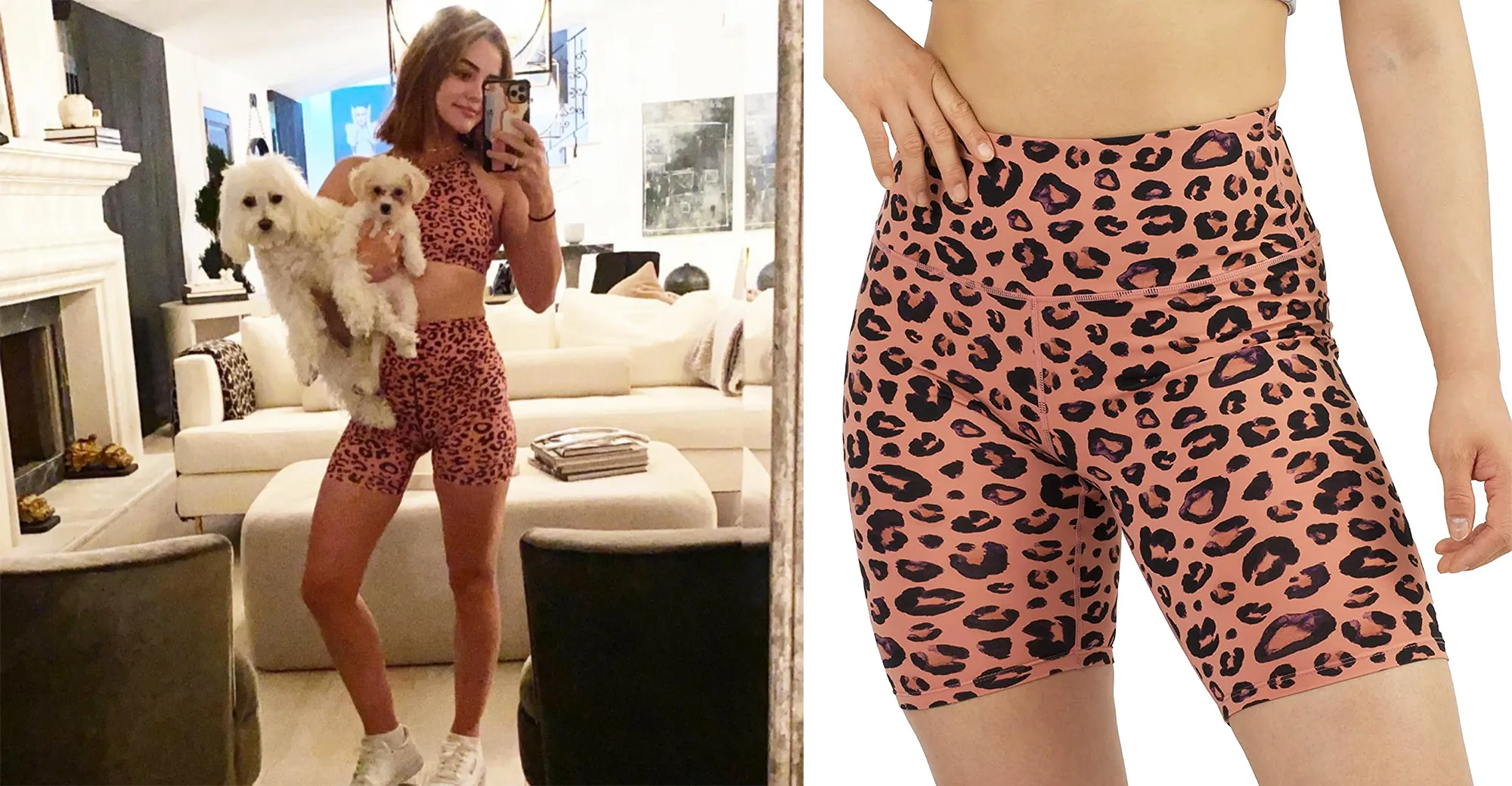 lucy-hale-pink-leopard-shorts