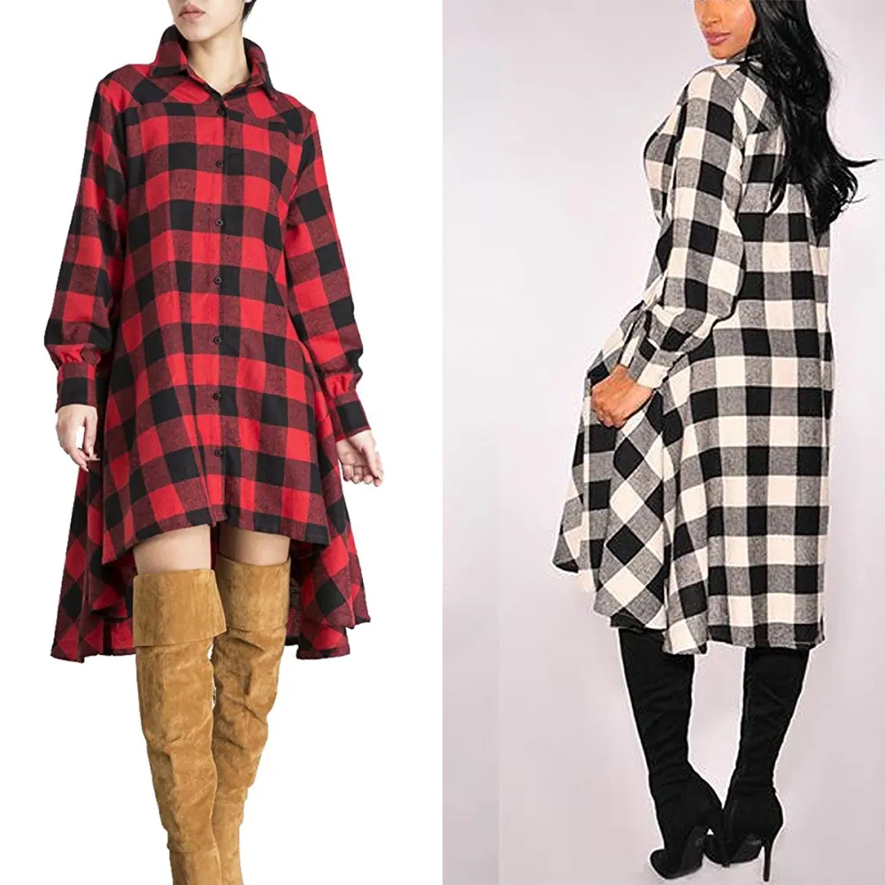 OLRAIN New Plaids Irregular Hem Casual Shirt Dress