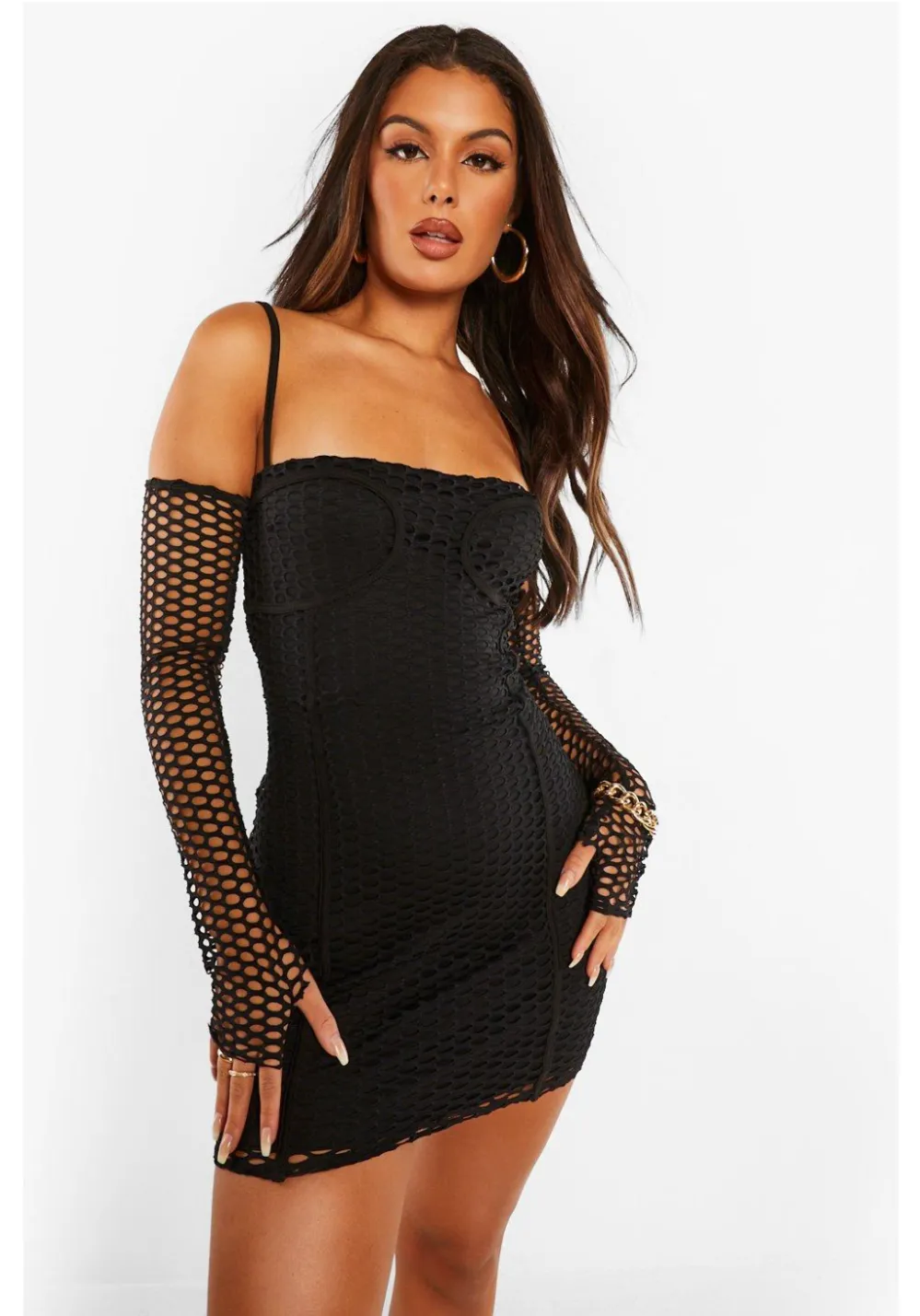Fish Net Mini Dress With Gloves