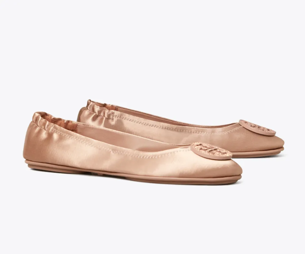 Minnie Embellished-Logo Travel Ballet Flat, Satin
