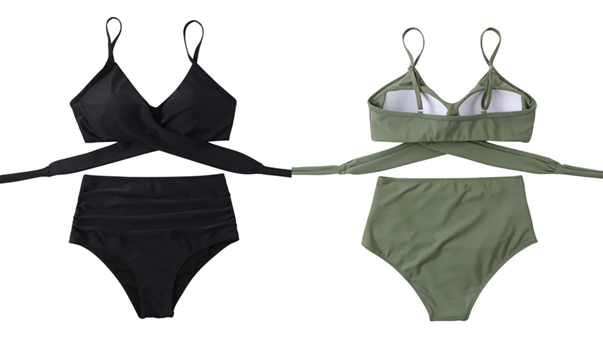 RUUHEE Women's Criss Cross High Waisted String Floral Printed 2 Piece Bathing Suit