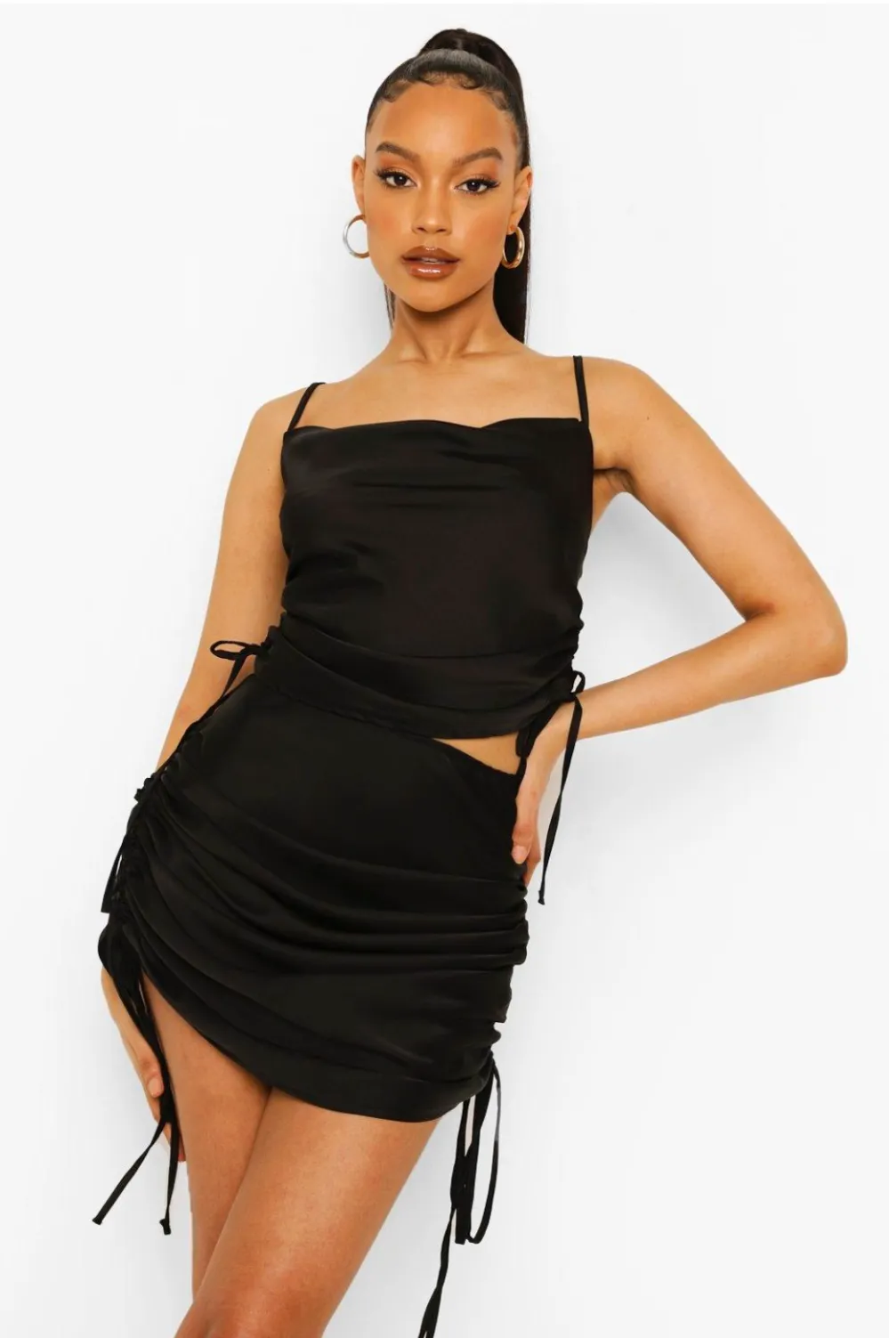 Satin Ruched Crop Top And Midi Skirt