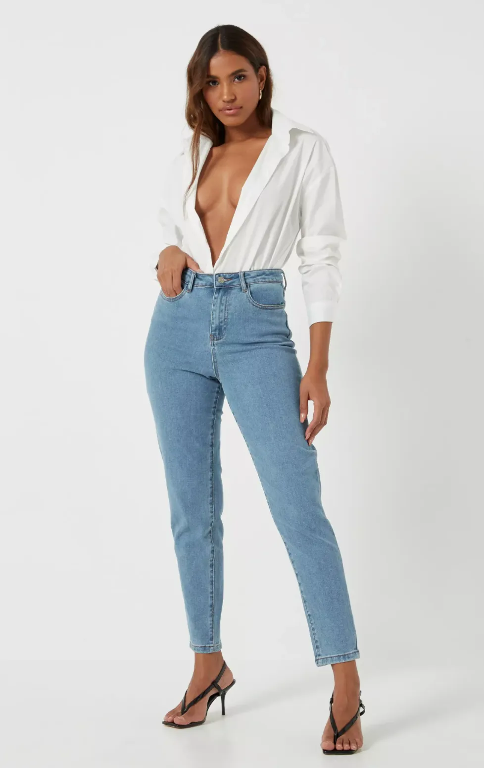 blue high waisted comfort stretch denim mom jeans