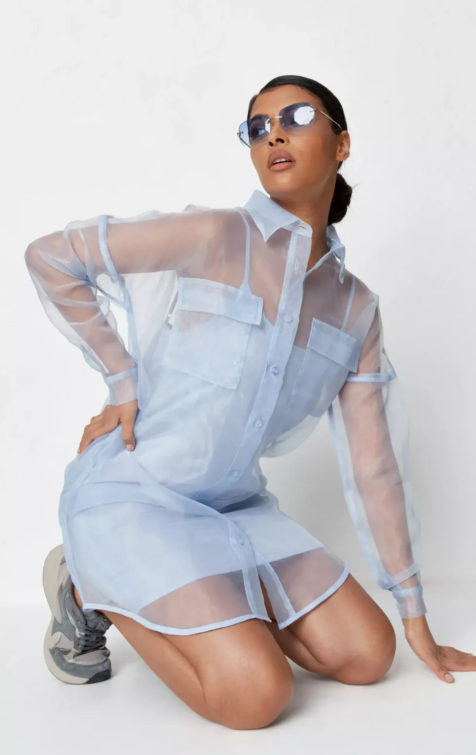 blue organza oversized shirt dress