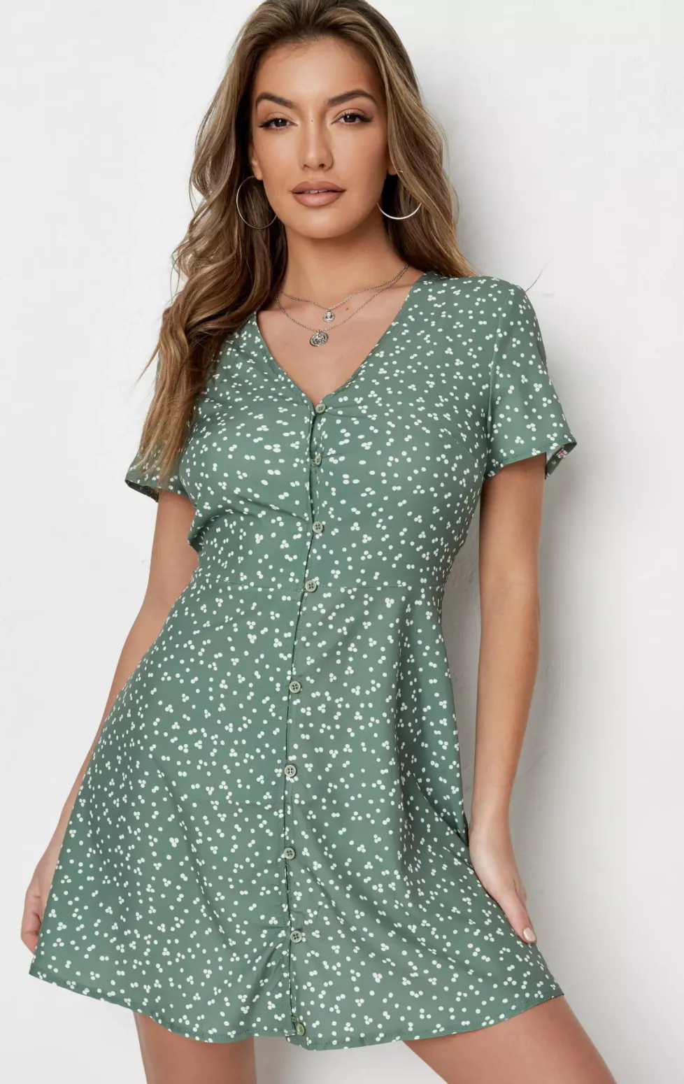 mint polka dot button through tea dress