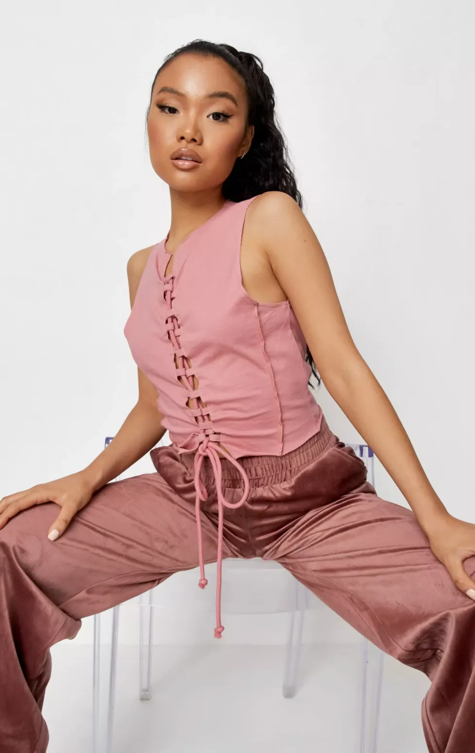 pink contrast stitch lace up racer crop top