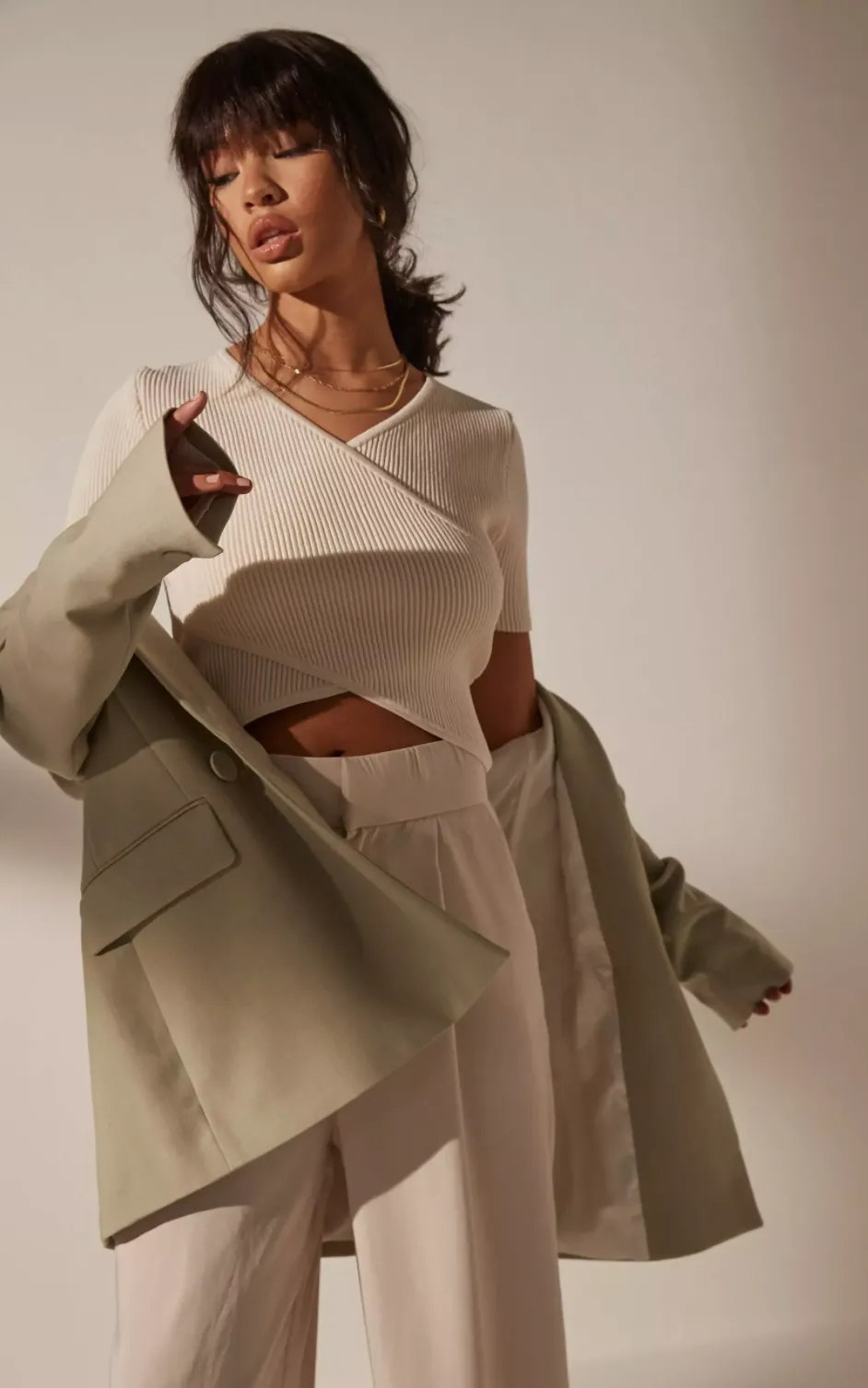 re_styld cream cross front knit crop top