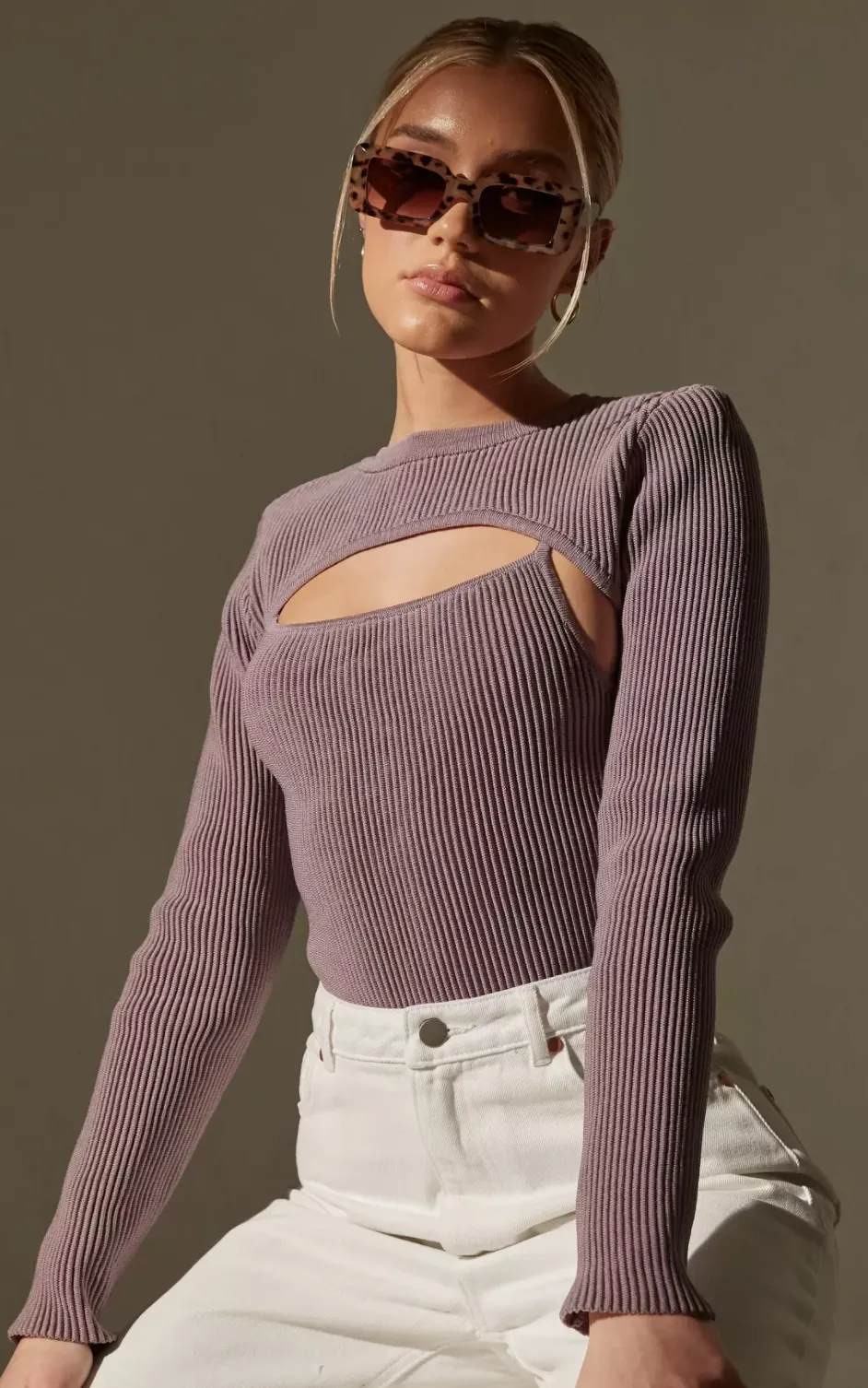 re_styld mauve rib layered knit bodysuit