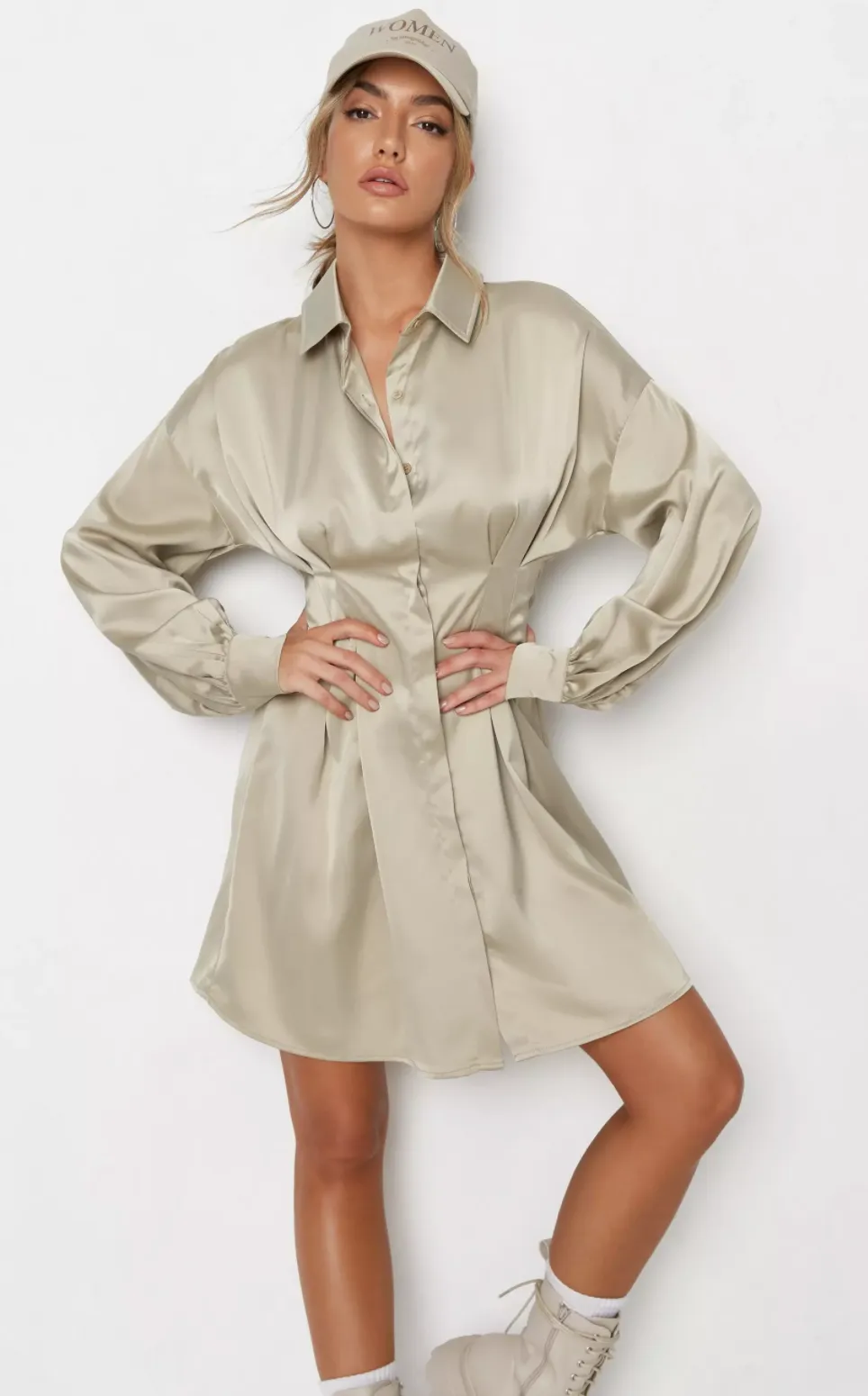 sage satin pleated waist shirt dress