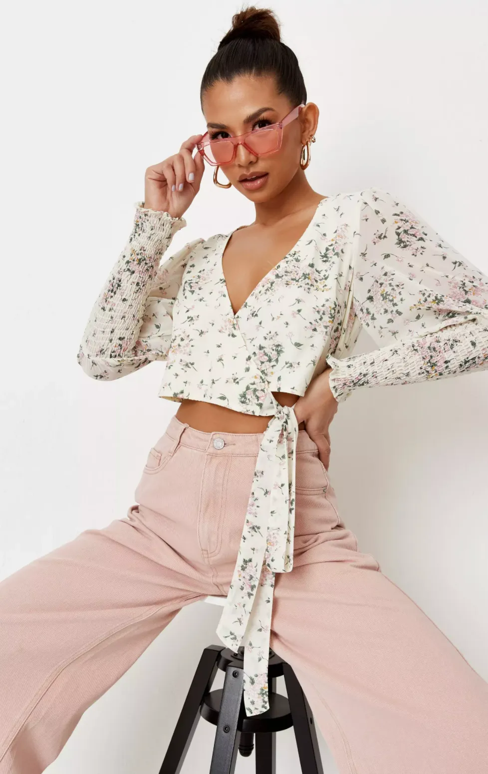 white ditsy shirred sleeve wrap blouse