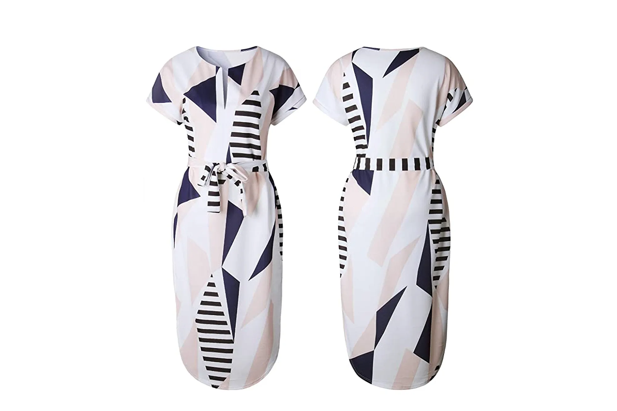 ECOWISH Women's Summer Casual V-Neck Geometric Pattern Belted Dress